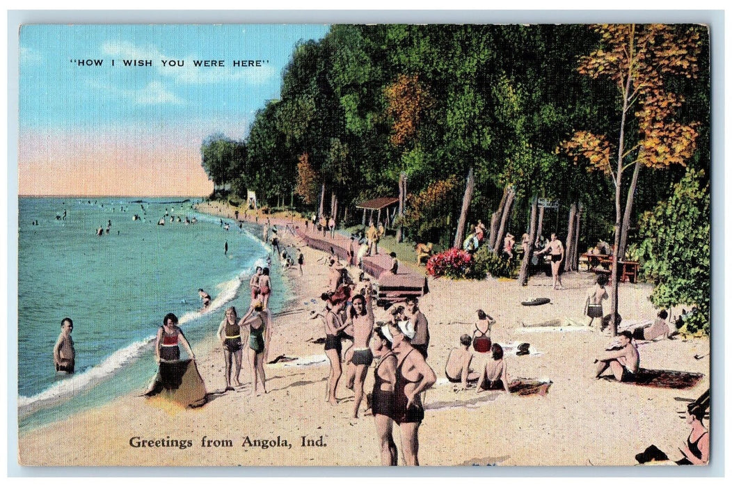 1948 Greetings From Angola Swimming Waves Trees Scene Indiana IN Posted Postcard