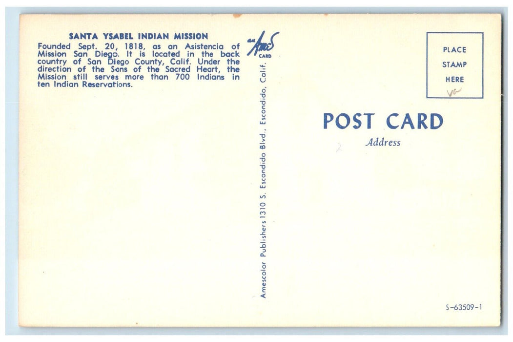 c1960 Santa Ysabel Indian Mission Asistencia Field San Diego California Postcard