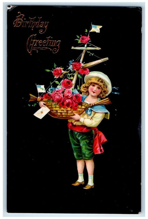 Birthday Greetings Boy Sailboat Flowers Gel Gold Gilt Embossed Antique Postcard