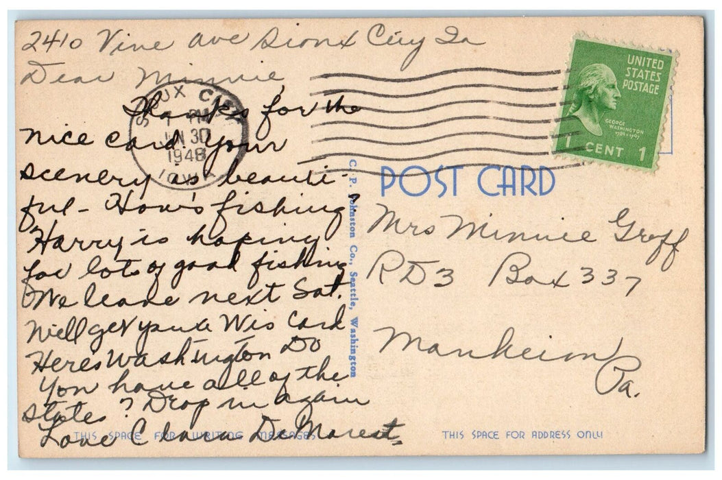 1948 Snoqualme Pass Highway No. 10 Sunset Scene Washington WA Posted Postcard