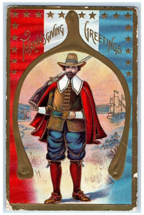 1910 Thanksgiving Greetings Man With Gun Under Wishbone Embossed RPO Postcard