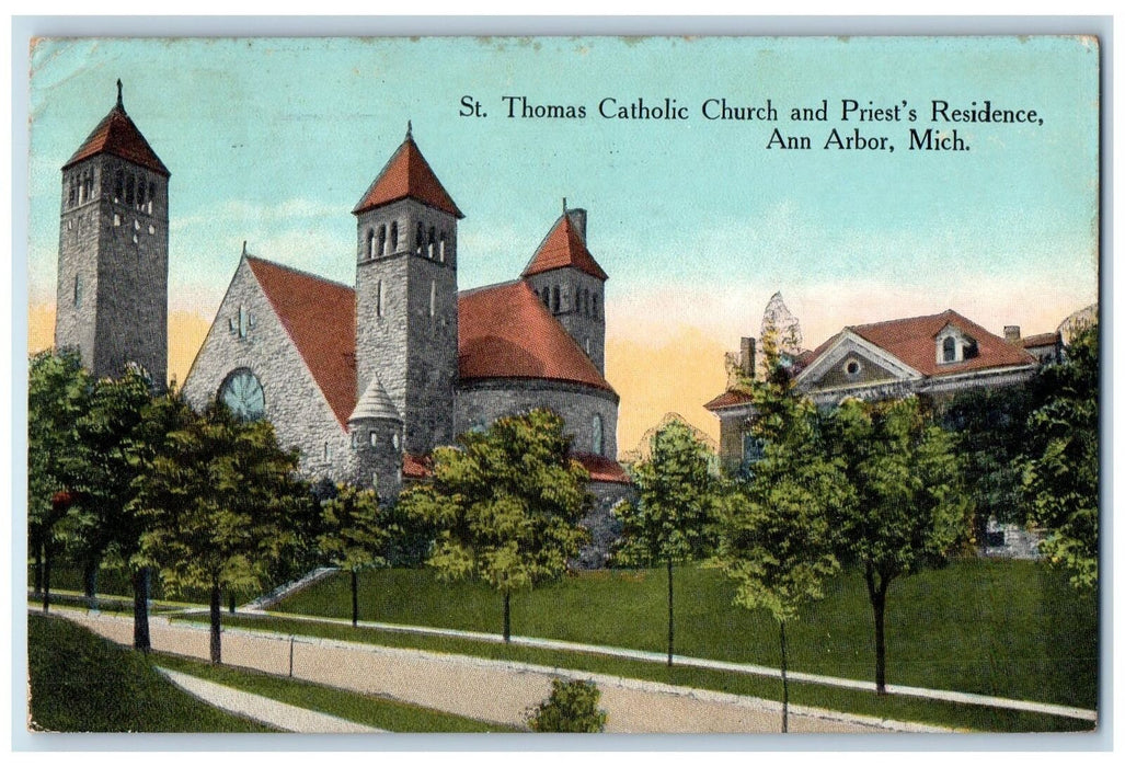 1915 St. Thomas Catholic Church & Priest Residence Tower Ann Harbor MI Postcard