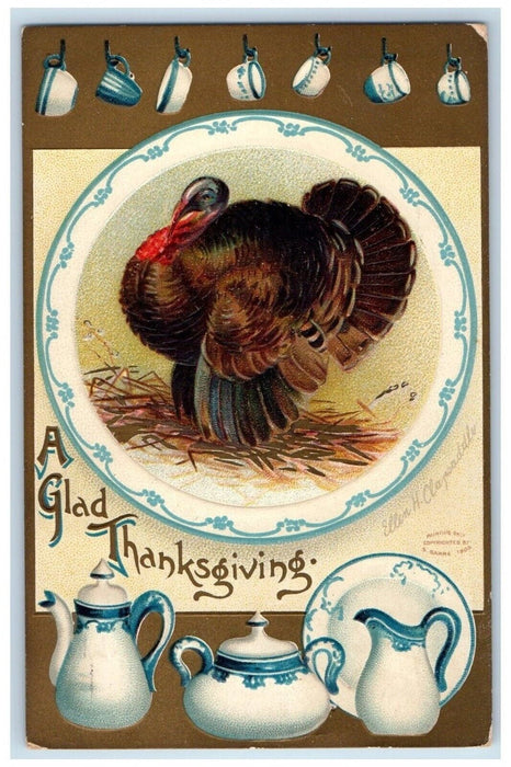 1910 Thanksgiving Turkey Ellen Clapsaddle Tea Cup Chicago Illinois IL Postcard