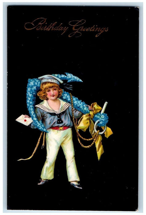 1909 Birthday Greetings Boy Anchor Pansies Flowers Letter Gel Gold Gilt Postcard