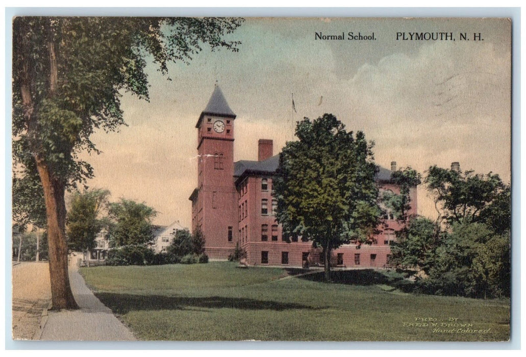 1915 Normal School Building View Clock Tower Dirt Road Tree Plymouth NH Postcard