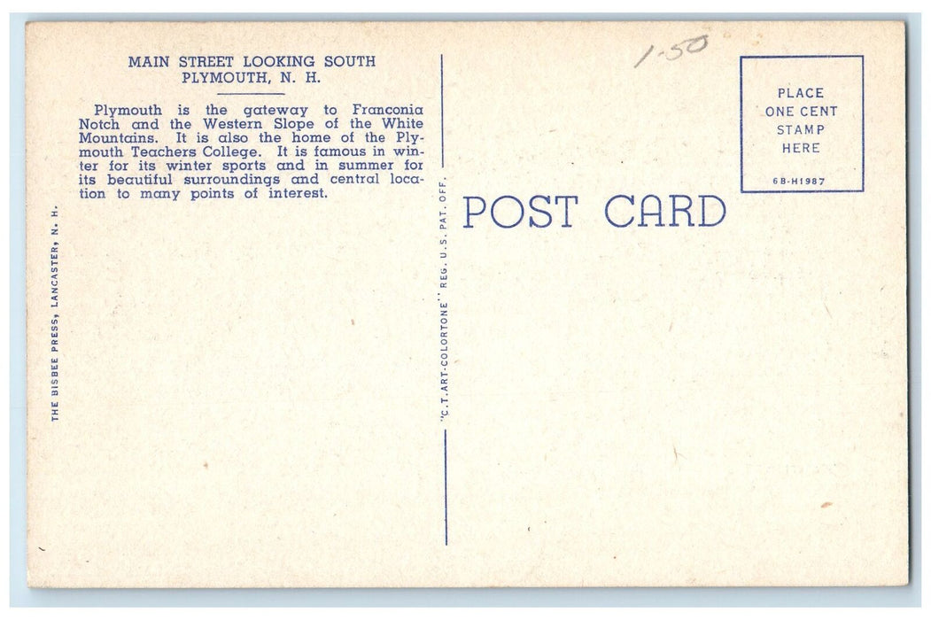 c1940 Main Street Looking South Classic Cars Plymouth New Hampshire NH Postcard
