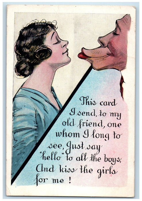 c1910's Pretty Girl Boy Kiss Caricature Humor Unposted Antique Postcard