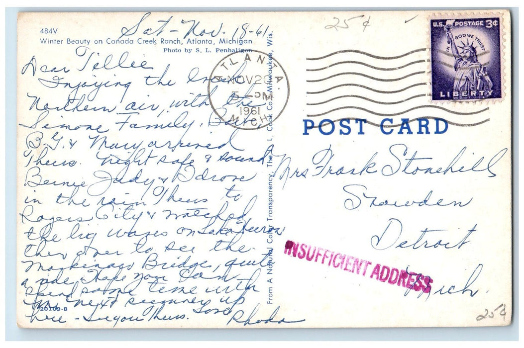 1961 View Of Winter Beauty On Canada Creek Ranch Atlanta Michigan MI Postcard