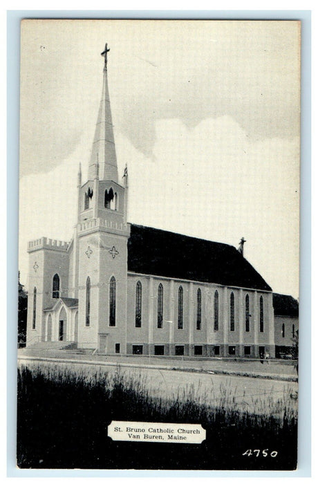 c1930's St. Bruno Catholic Church Street Scene Van Buren Maine ME Postcard