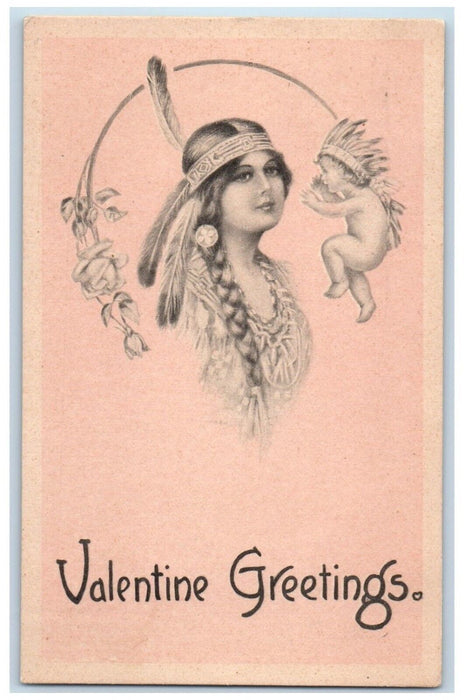 c1910's Valentine Greetings Girl Braided Hair Native American Gibson Postcard