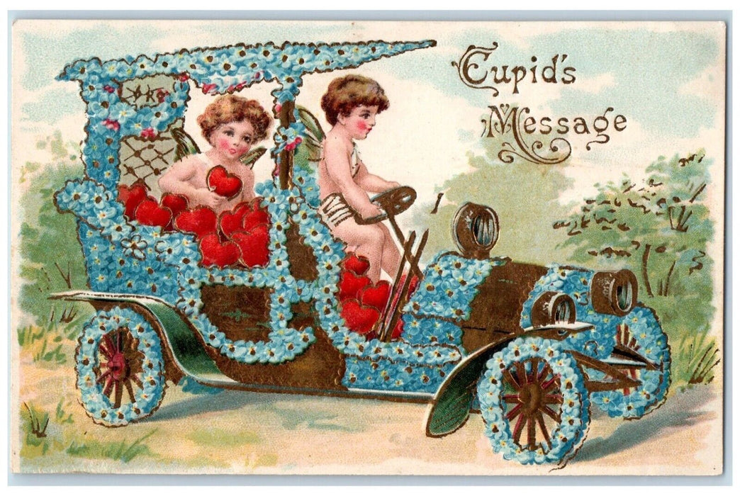 c1910's Valentine Message Angels Cupid Driving Car Pansies Flowers Postcard