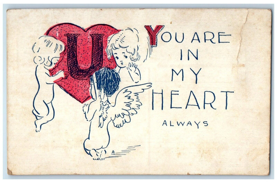 c1910's Valentine Angels Cherub Bare Butt Big Heart Posted Antique Postcard
