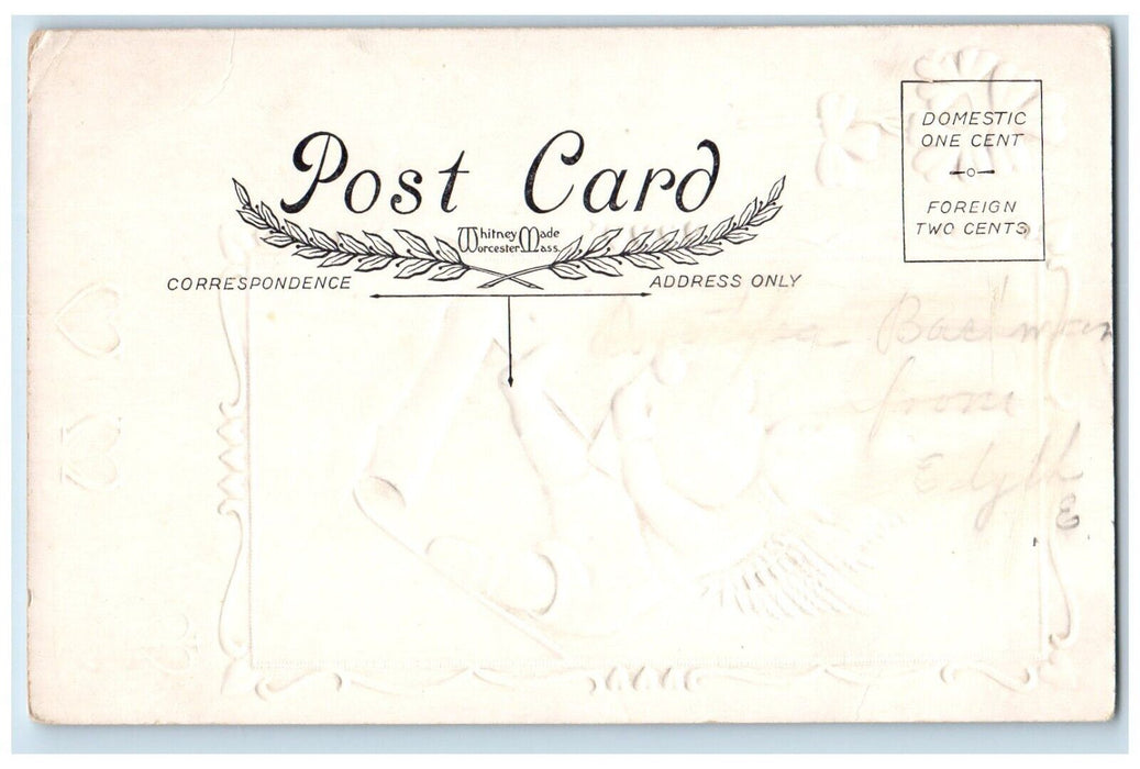 c1910's Valentine Angel Heart Sled Winter Snow Embossed Antique Postcard