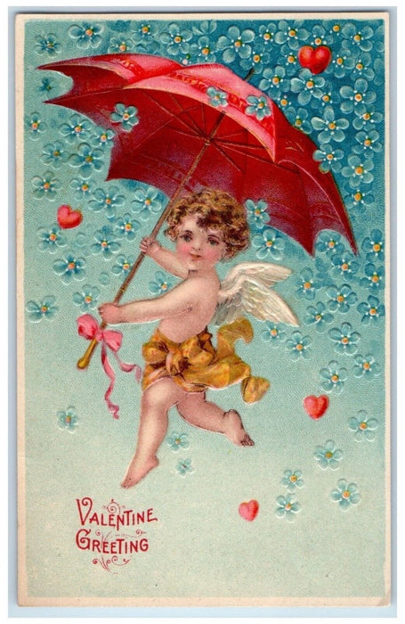 c1910's Valentine Greetings Angel Umbrella Hearts Pansies Flowers Postcard