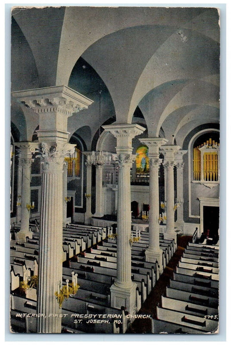 1912 Interior Presbyterian Church Building Benches View St. Joseph MO Postcard