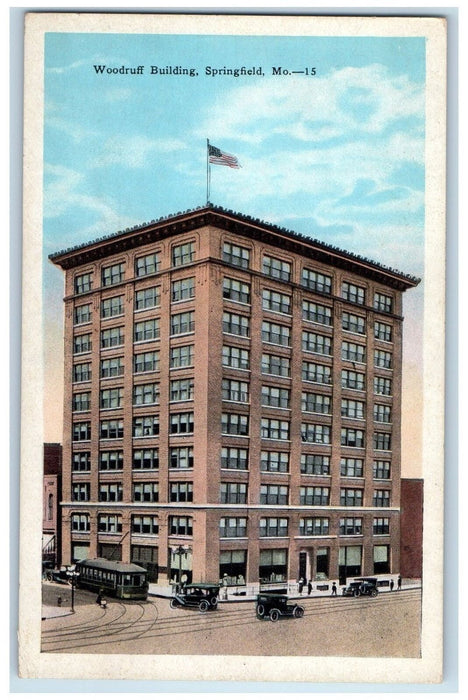 c1920 Woodruff Building Classic Cars Trolley Springfield Missouri MO Postcard