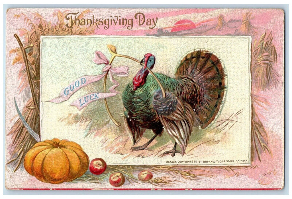 c1910's Thanksgiving Day Turkey With Wishbone Good Luck Pumpkin Tuck's Postcard