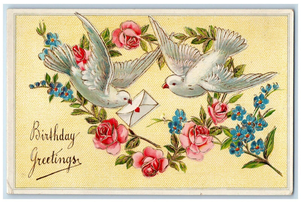 Birthday Greetings Dove Letter Roses Pansies Flowers Gel Gold Gilt Postcard