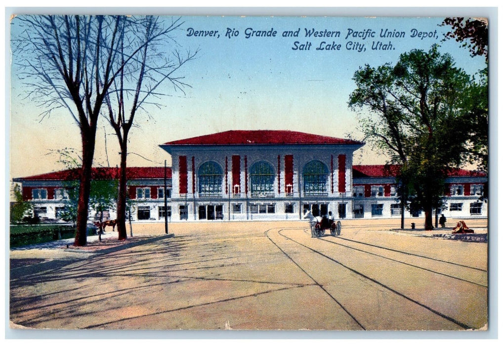1914 Rio Grande Western Pacific Union Depot Salt View Lake City Utah UT Postcard
