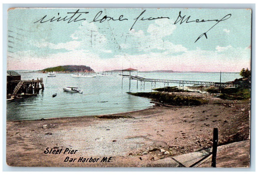 1906 Steel Pier Bar Harbor Maine Me, Sailboat Sea Shore Scene Antique Postcard