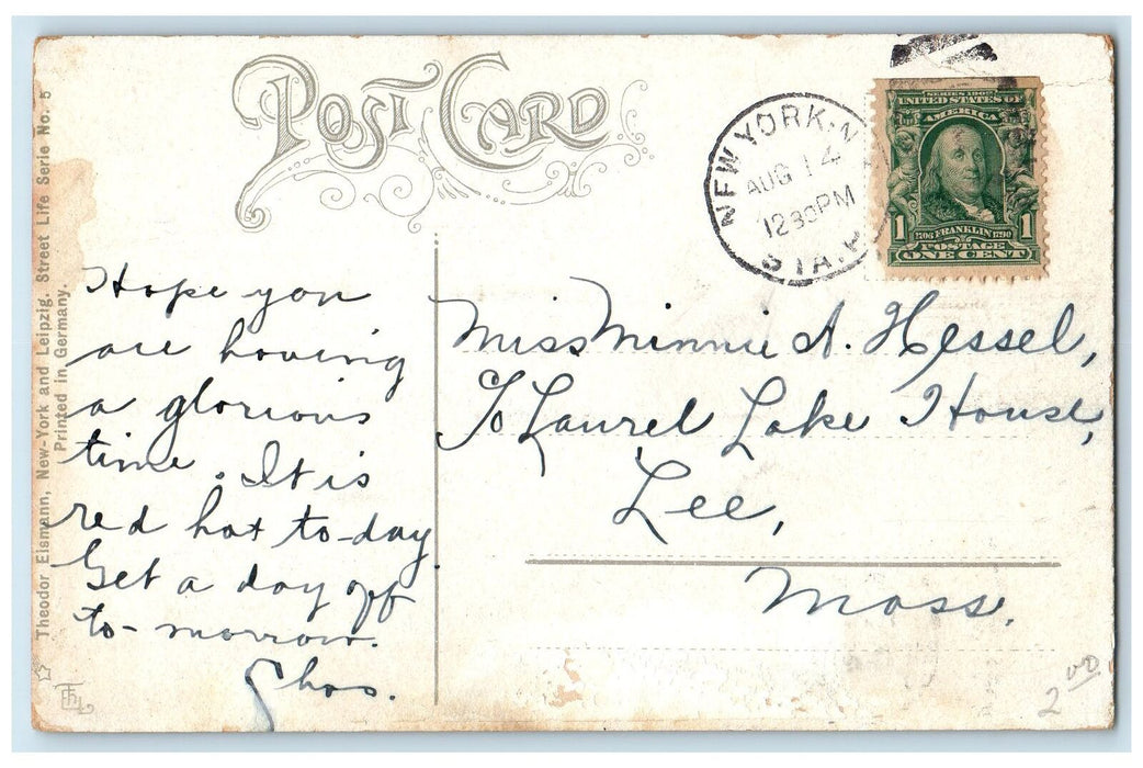 1908 Bowling Green Monument People Buildings Post Lamp Bus New York NY Postcard
