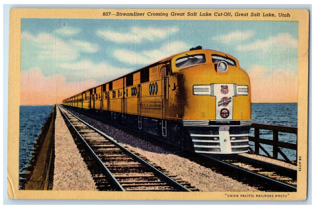 c1940 Streamliner Crossing Cut Off Train Railroad Great Salt Lake UT Postcard
