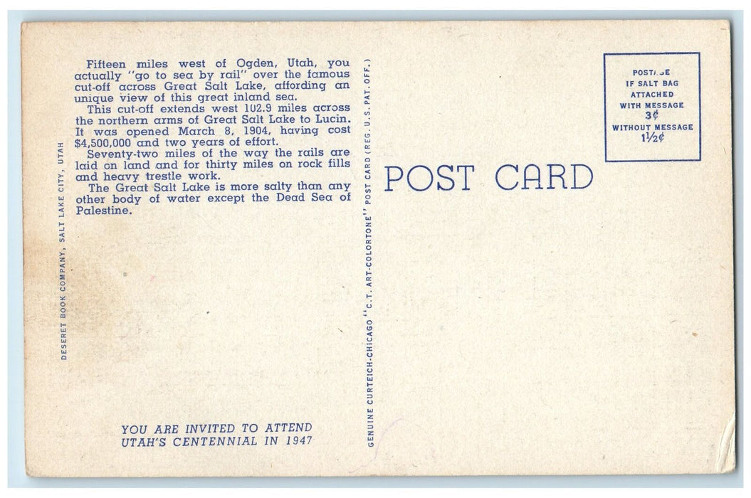 c1940 Streamliner Crossing Cut Off Train Railroad Great Salt Lake UT Postcard
