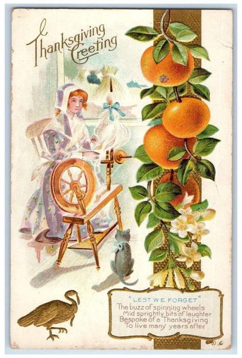 c1910's Thanksgiving Greeting Woman Spinning Wheels Turkey Fruits Postcard