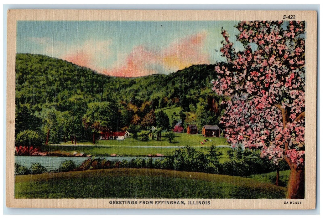 Greetings From Effingham Illinois IL, Trees Mountain House River Scene Postcard