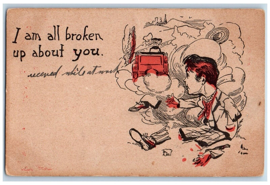 c1905 Boy I Am All Broken Up About You Macabre Romance Antique Postcard