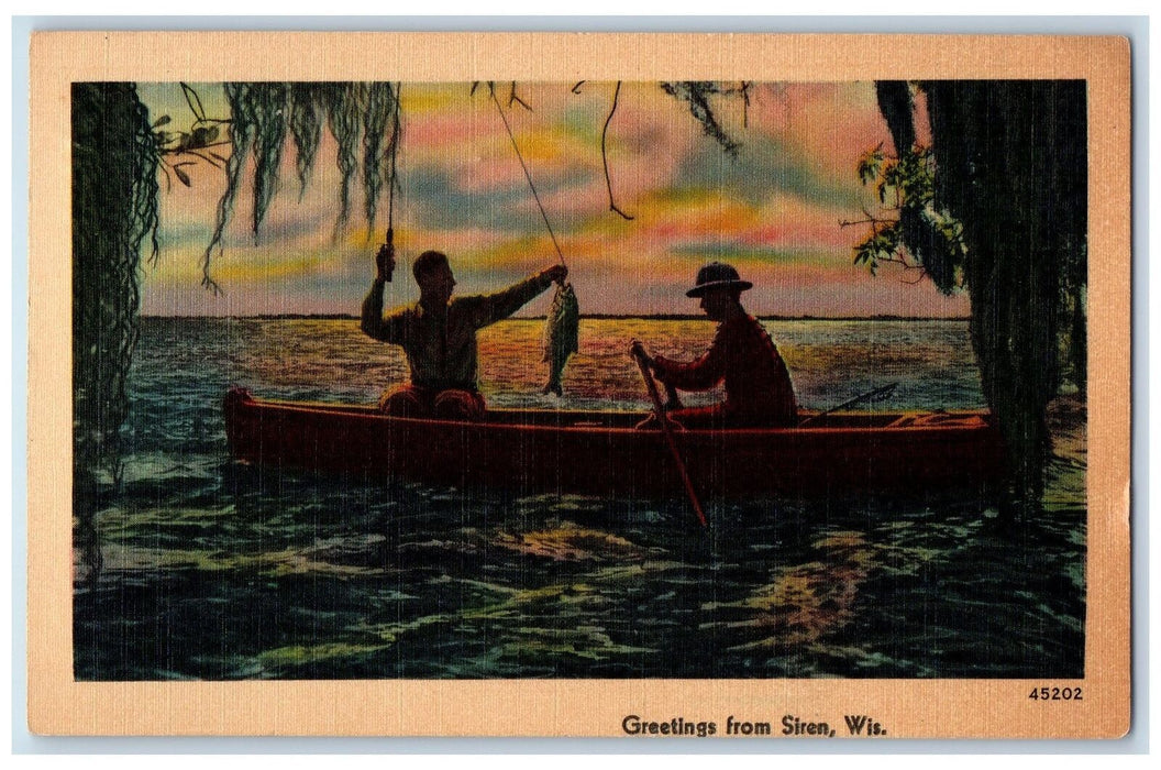 1946 Greetings From Siren Wisconsin WI, Fishing Sunset Scene Vintage Postcard