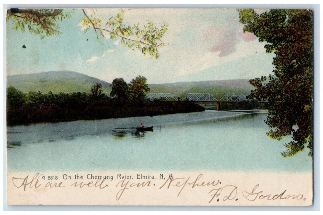 1907 On The Chemung River Elmira New York NY, Bridge Boat Rotograph Postcard