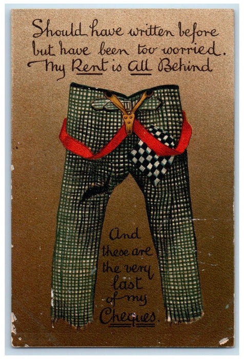 1909 Checkered Pants Suspenders Elwood Iowa IA Posted Antique Postcard
