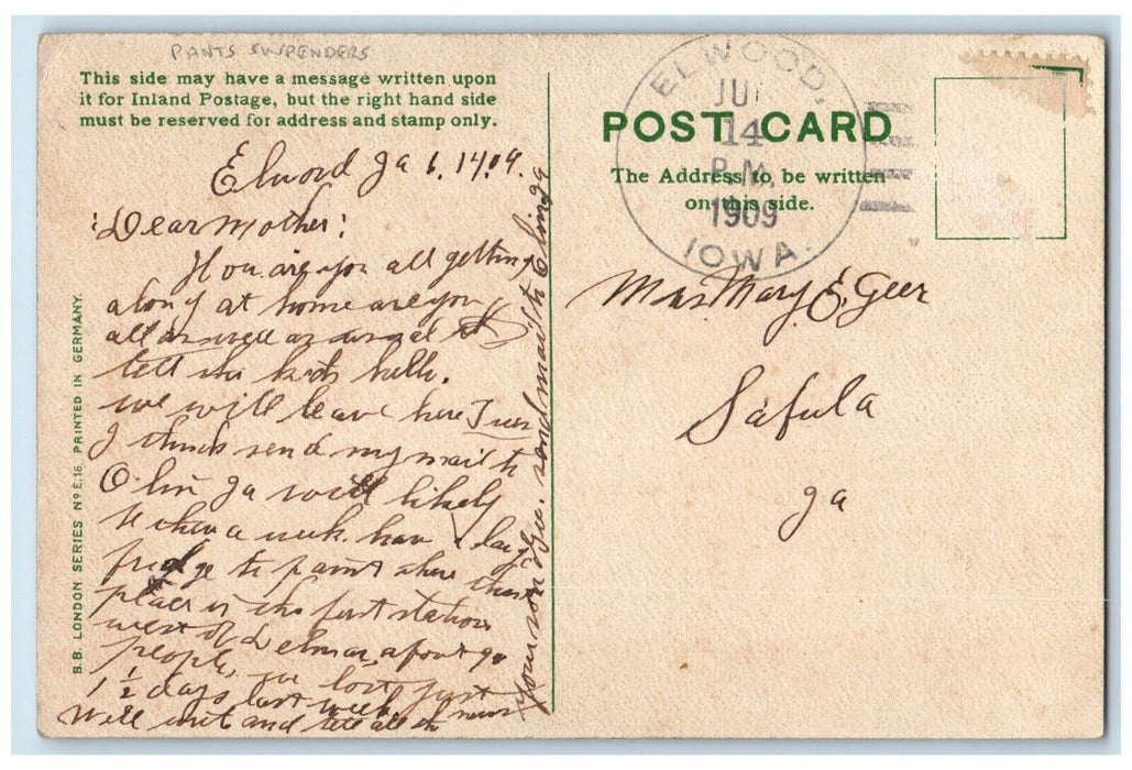 1909 Checkered Pants Suspenders Elwood Iowa IA Posted Antique Postcard