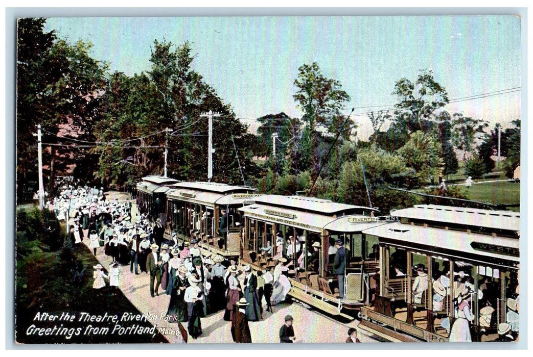 c1905's Greetings From Portland After Theatre Riverton Park ME Trolley Postcard