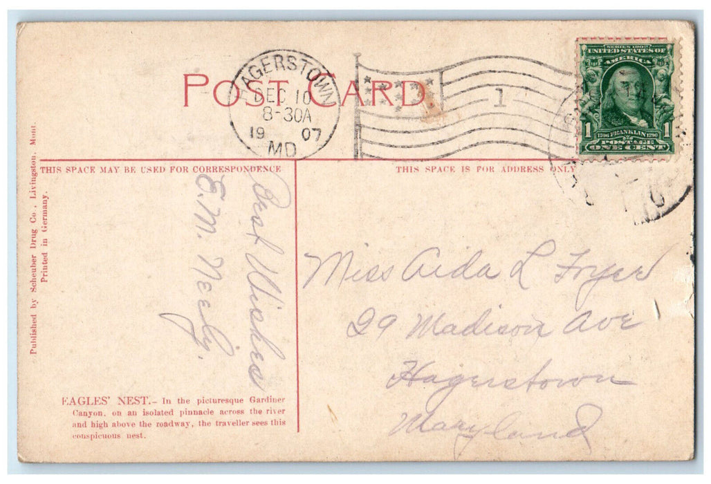 1907 Eagle's Nest In Gardiner Canyon Yellowstone National Park WY Postcard