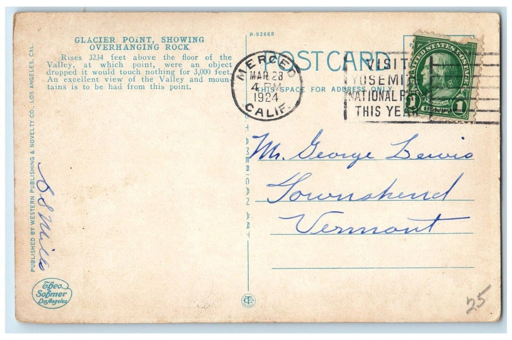 1924 Glacier Point Cliff Yosemite National Park California CA Posted Postcard