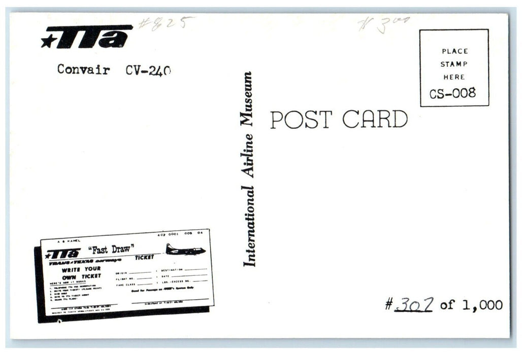 Trans Texas Airways TTA Convair CV-240 International Airline Museum Postcard