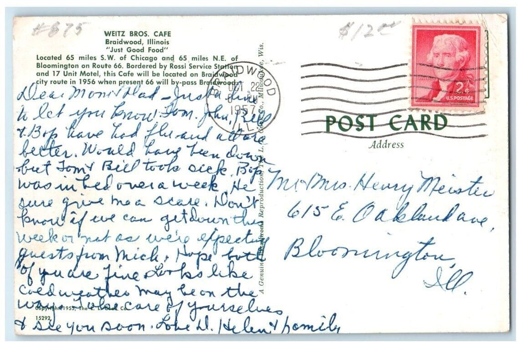 1957 Route 66 Weitz Brothers Cafe View L.L. Cook Braidwood Illinois IL Postcard