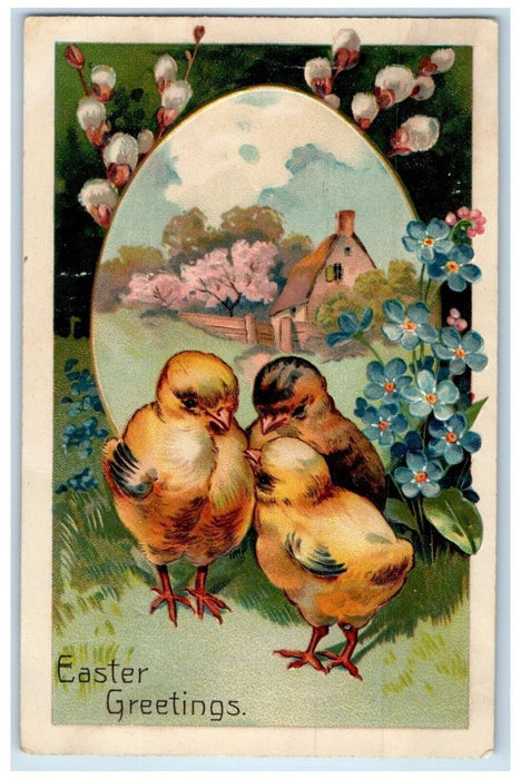 1909 Easter Greetings Egg Chicks Pansies Flowers Pipe Berry Victor KS Postcard