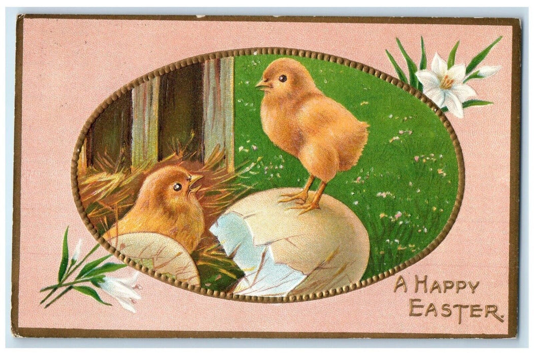 1910 Easter Hatched Egg Chicks Lilies Flowers Embossed Gaylord KS Postcard