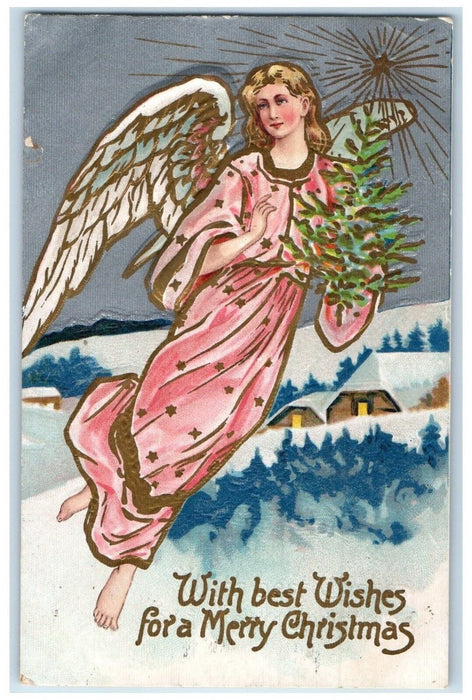 c1910's Christmas Tree Holding Floating Angel House Winter Hunted KS Postcard
