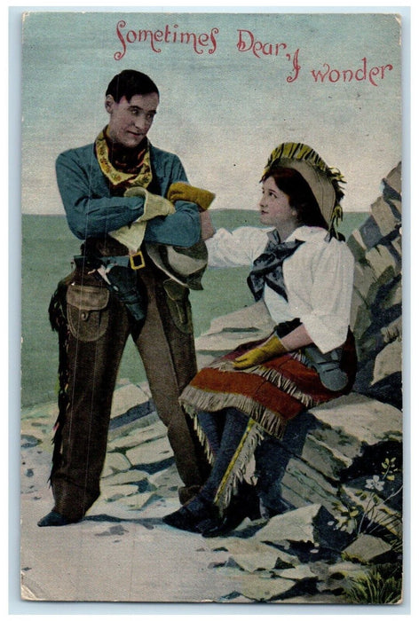 1908 Couple Romance Sat On Rock Sometimes Dear I Wonder Lacon IL Postcard