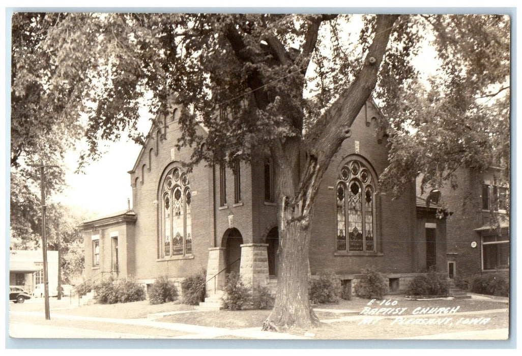 1943 Baptist Church Scene Street Car Mt. Pleasant Iowa IA RPPC Photo Postcard