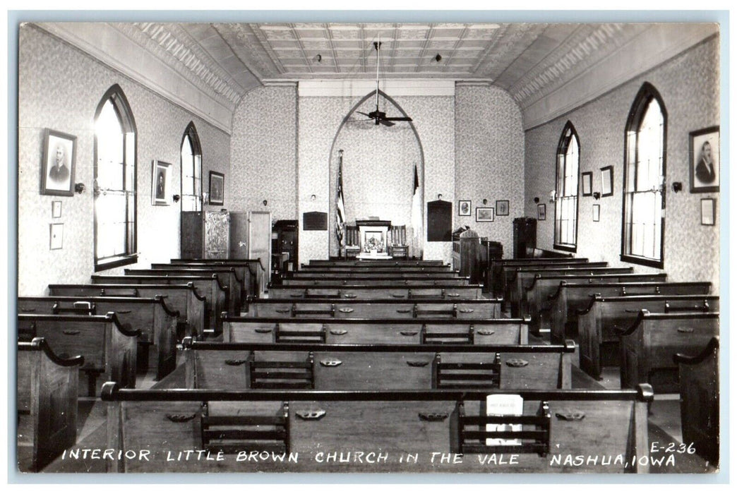 Interior Little Brown Church In The Vale Nashua Iowa IA RPPC Photo Postcard