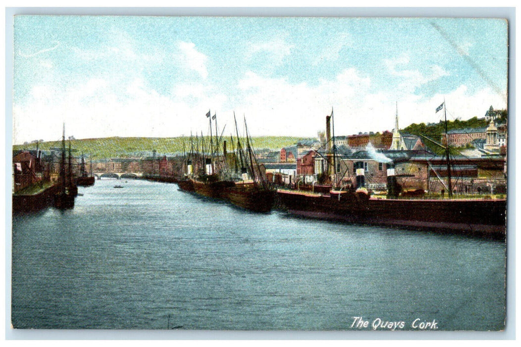 c1910 Schooner Boats Buildings River The Quays Cork Ireland Postcard