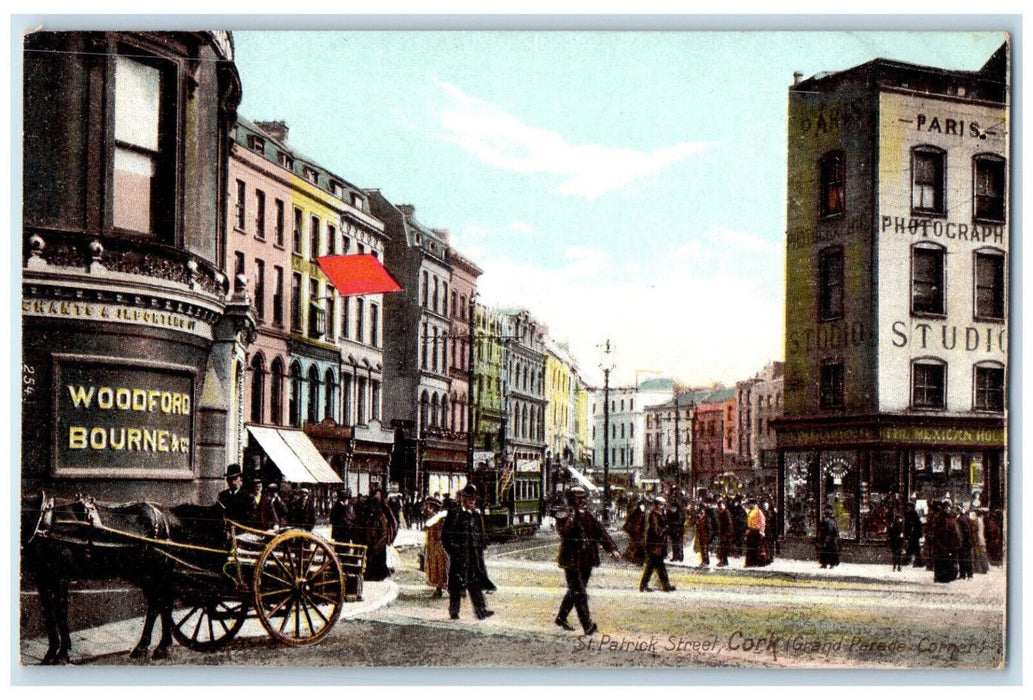 c1910 Scene at Grand Parade Corner St. Patrick Street Cork Ireland Postcard
