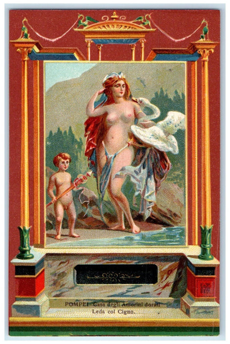 c1950's House of the Golden Cupids Leda with the Swan Pompeii Italy Postcard