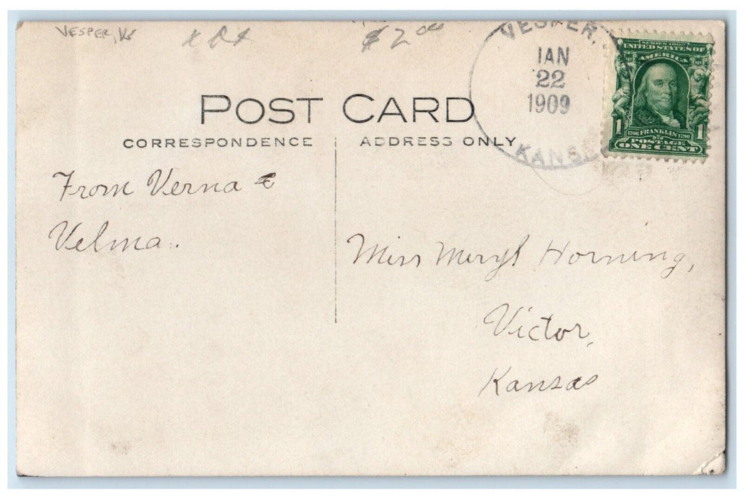 1909 Little Kids Sat On Chair Vesper Kansas KS Antique RPPC Photo Postcard