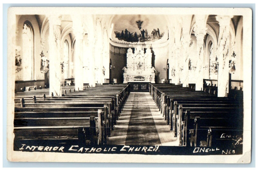 c1910's Interior Catholic Church Oneill Nebraska NE Antique RPPC Photo Postcard